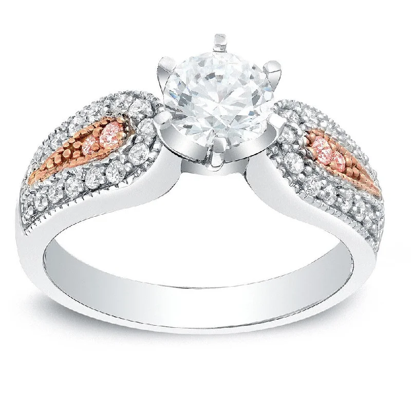 adjustable willow crest ring-Auriya Vintage 1 1/3ct TDW Round Diamond Engagement Ring with Pink Diamond Accents 14k Two-Tone Gold (H-I, SI1-SI2)