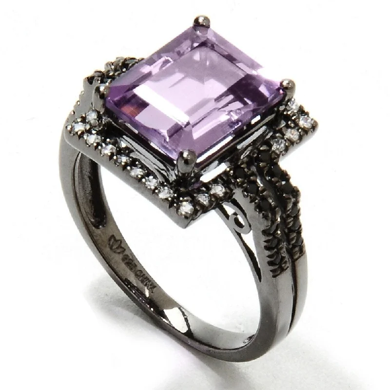 bohemian crest summit ring-Black Rhodium O/ Silver 3.73Ctw African Amethyst Solitaire W/ Accent Ring