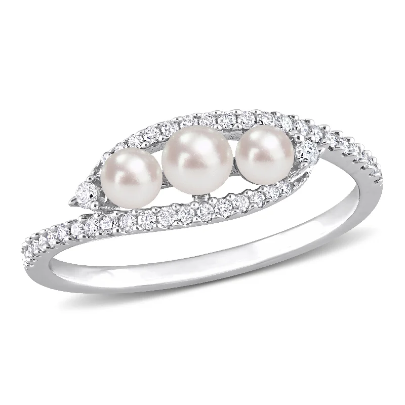 marquise-cut opal ring-Cultured Freshwater Pearl and 1/5 CT TDW Diamond Bypass Ring in 14k White Gold