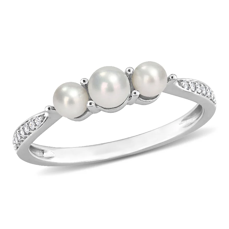 floral eternity emerald ring-Cultured Freshwater Pearl and Diamond Accent 3-Stone Ring in 14k White Gold