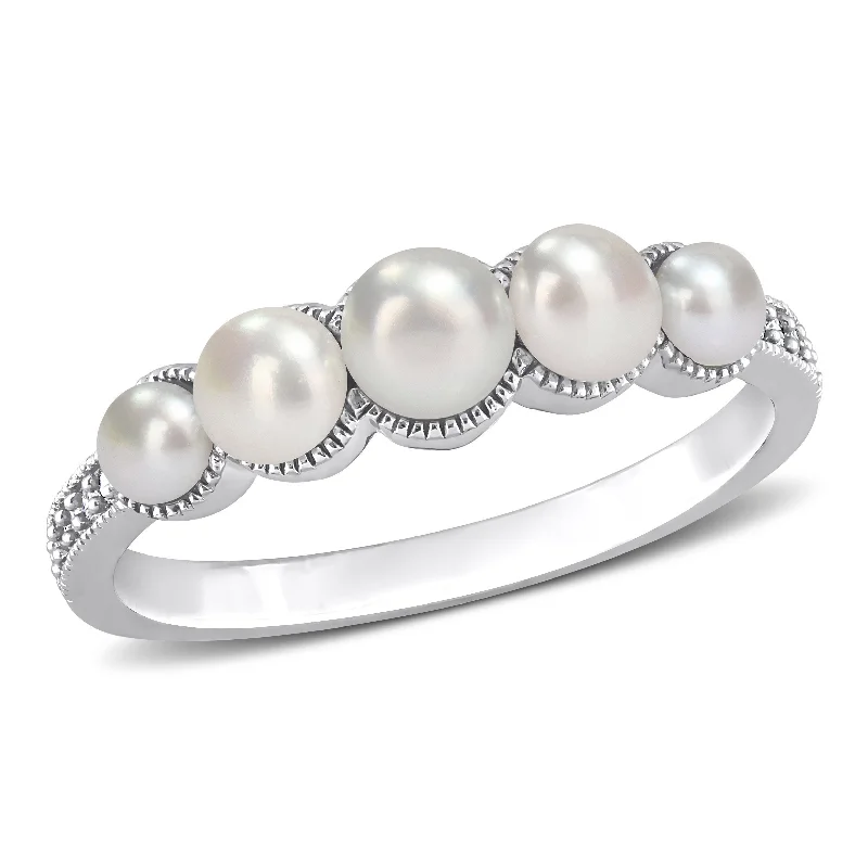 inscribed devotion ring-Cultured Freshwater Pearl and Diamond Accent Halo Five Stone Ring in 14k White Gold