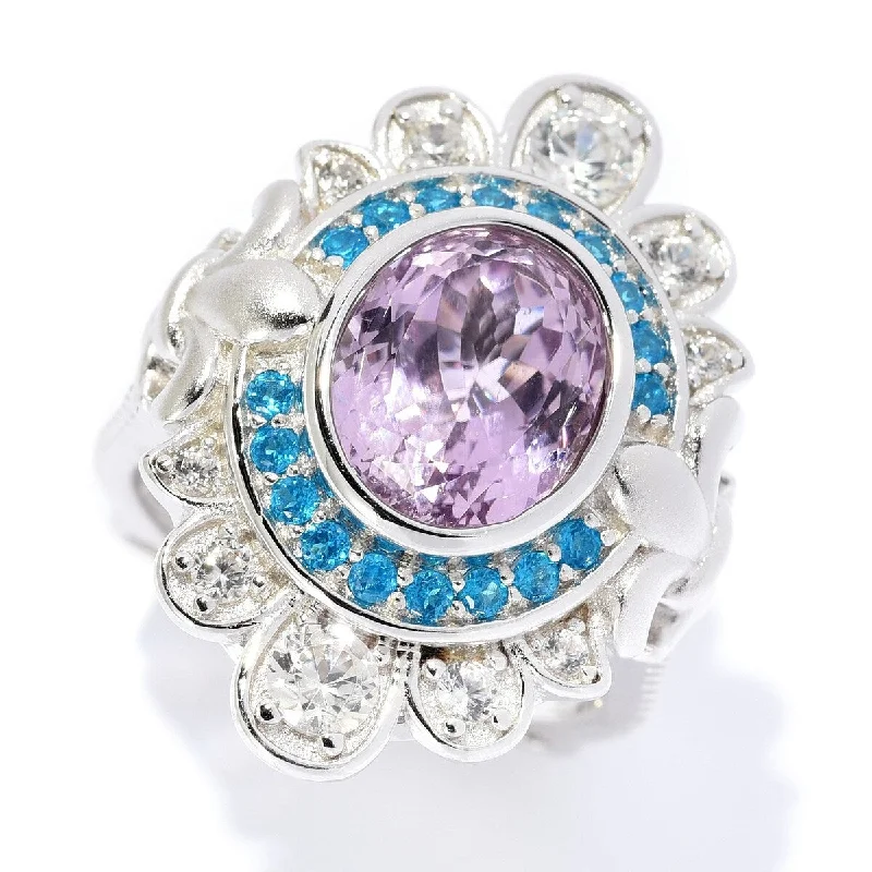 bold pentagonal topaz ring-Dallas Prince 4.10ctw Sterling Silver Kunzite, Neon Apatite & White Zircon Ring