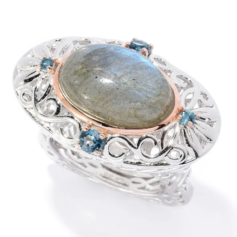 rustic opal inlay ring-Dallas Prince Designs Sterling Silver 15 x 10mm Oval Labradorite & Gem Filigree Ring