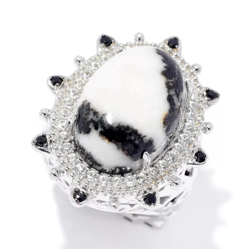 bold pentagonal topaz ring-Dallas Prince Sterling Silver Zebra Jasper, Black Spinel & White Zircon Ring