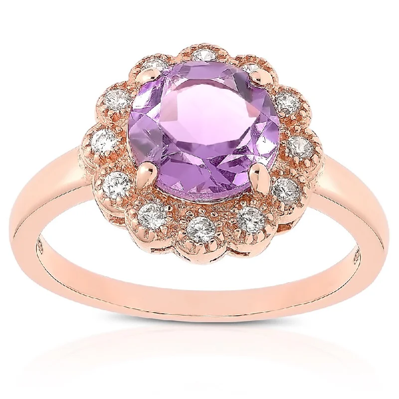 tarnished silver ring-Dolce Giavonna Rose Gold Over Sterling Silver Amethyst and Cubic Zirconia Flower Ring