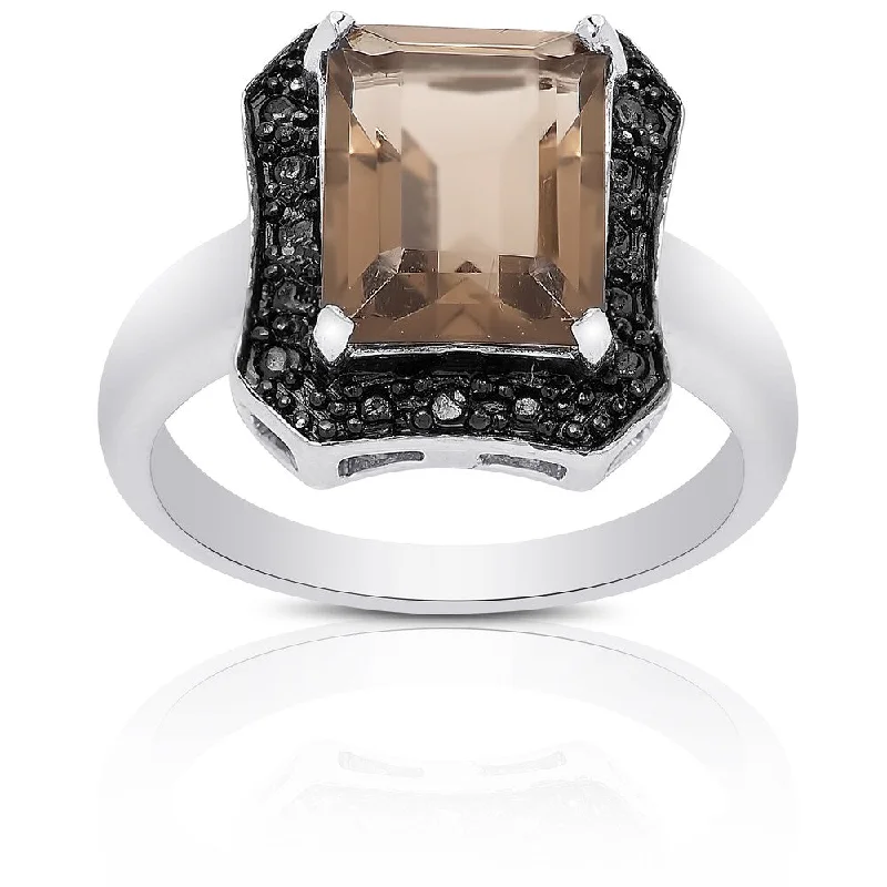 gothic-inspired bear claw ring-Dolce Giavonna Sterling Silver Smokey Quartz and Diamond Accent Square Ring