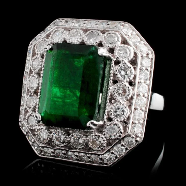 matte gold tier ring-4.96 ct Emerald and 1.50 ctw Diamond 14K White Gold Ladies Ring