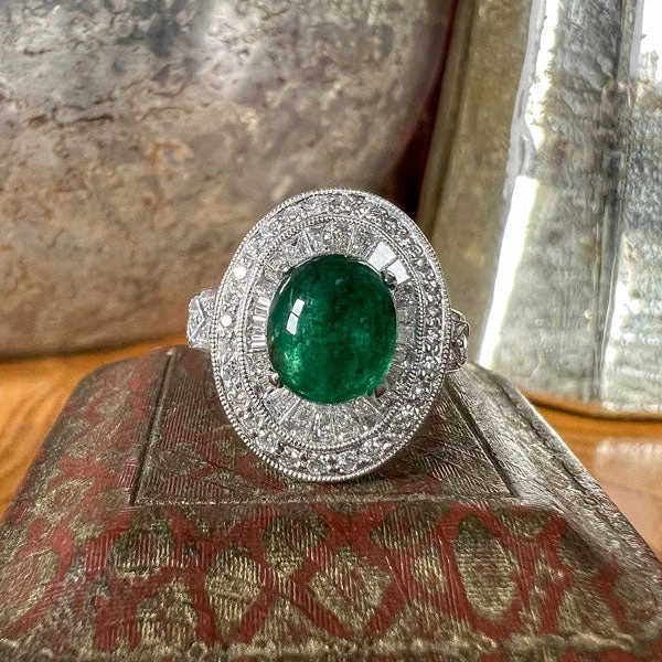 modern contoured band ring-Estate Cabochon Emerald & Diamond Cluster Ring