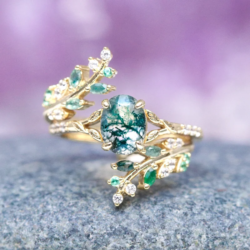 modern contoured band ring-Green Moss Agate & Emerald Leaf Engagement Ring Set- 14K/ 18K Solid Yellow Gold