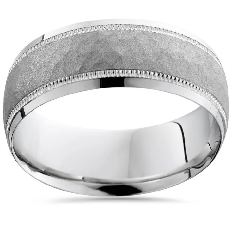 nature-themed crest peak ring-Hammered 10k White Gold 8mm Wedding Mens Band