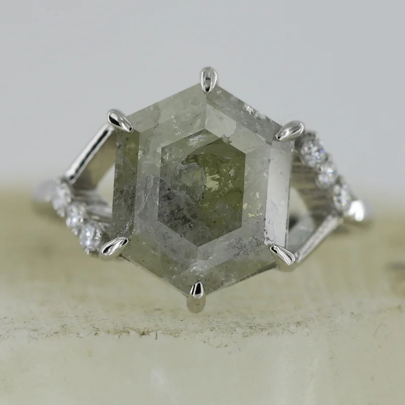 art deco jade ring-Hexagon Shape One of a kind Salt and Pepper Diamond Ring