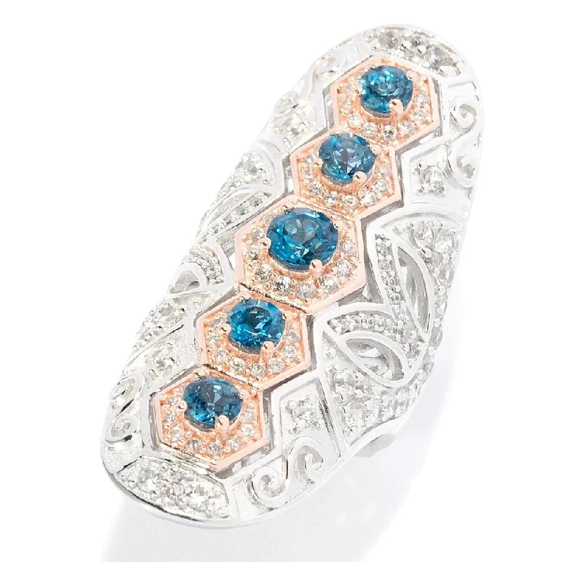 artisan-crafted tantalum ring-London Blue Topaz & White Zircon Cut-out Scrollwork Elongated Ring