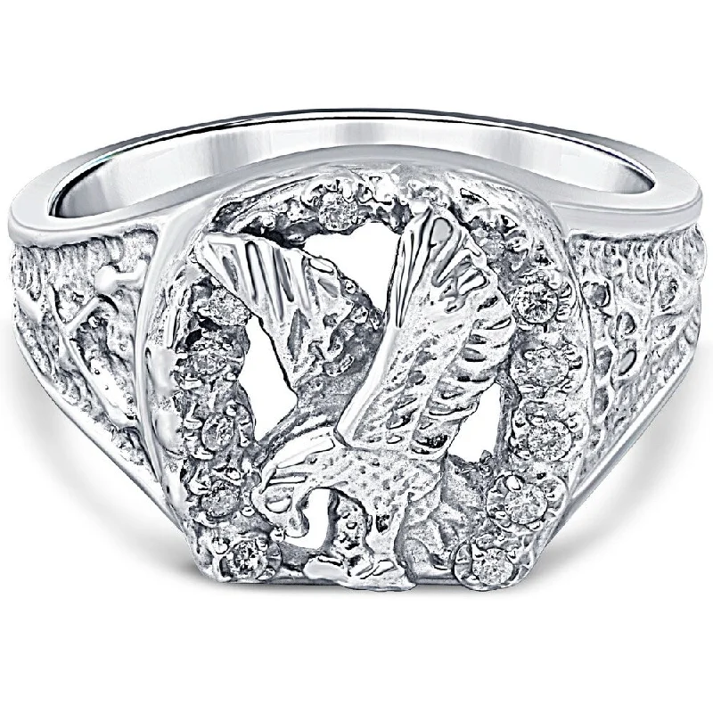 gothic-inspired raven fang ring-Mens Diamond American Eagle Ring 10K White Gold