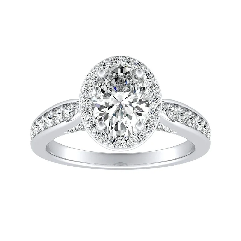 modern sleek crest peak ring-Modern Oval-cut Halo Diamond Engagement Ring 1cttw 18k Gold by Auriya (I-J, I1-I2)