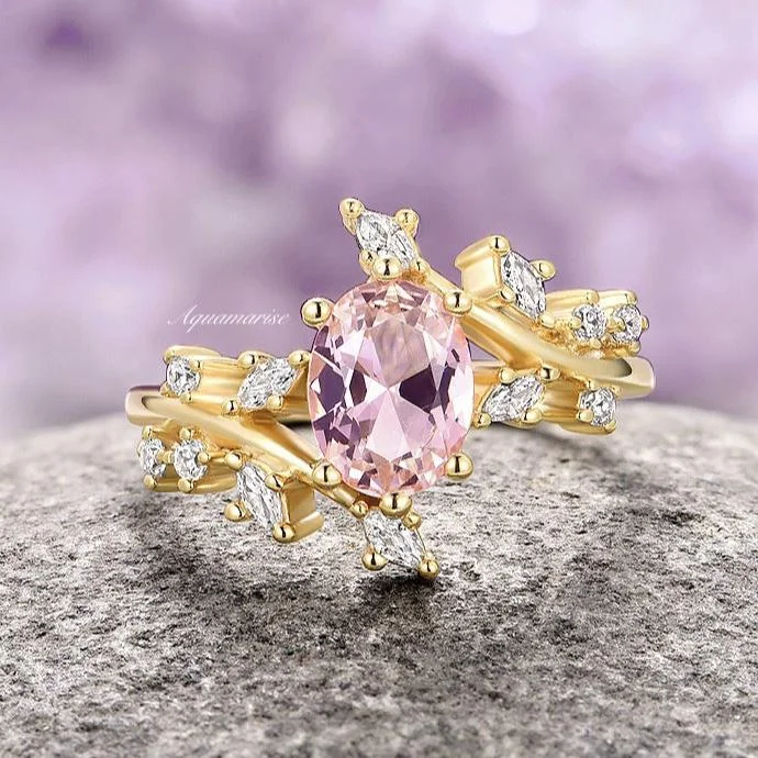 floral prong diamond ring-Morganite Fairy Leaf Engagement Ring- 14K Solid Yellow Gold