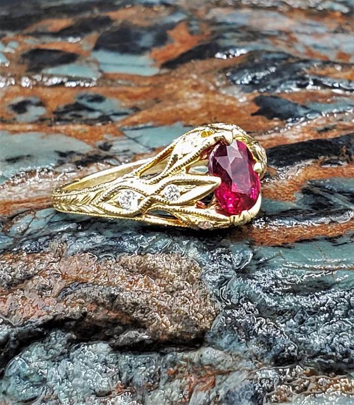 tarnished rose stack ring-No Heat Natural 1 Carat Oval Ruby Engagement Ring 18K Yellow Gold