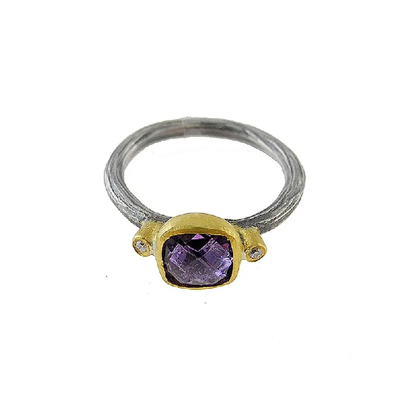 gothic-inspired bat talon ring-Petite Amethyst Ring With Diamond