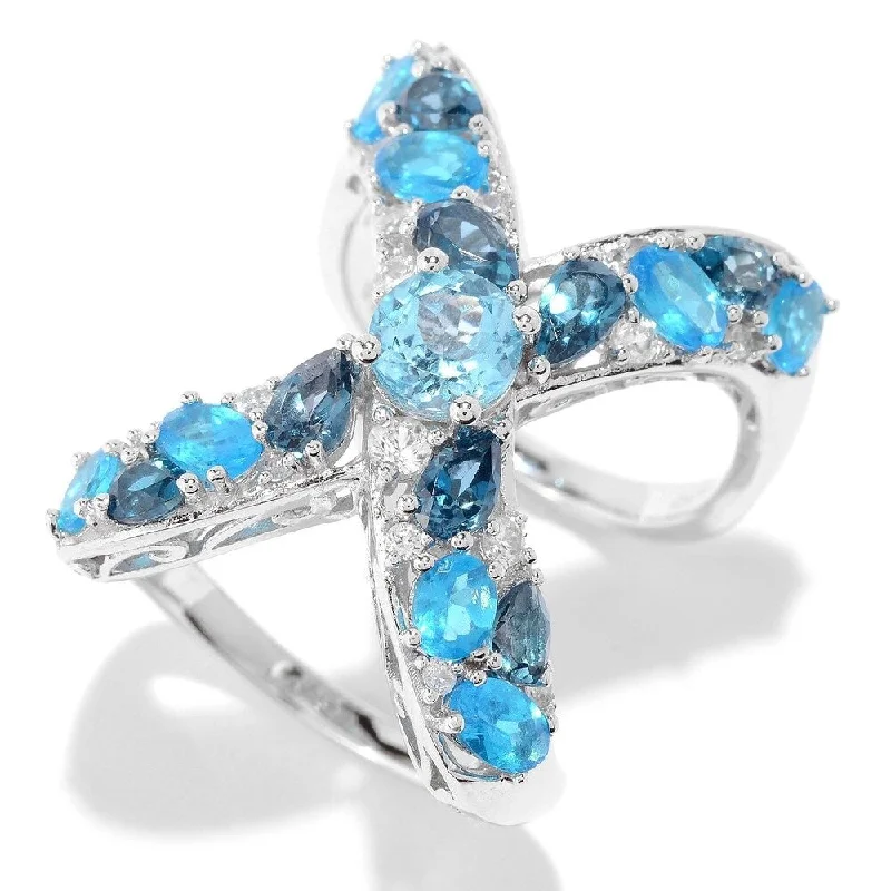 rustic topaz inlay ring-Pinctore SS Swiss Blue Topaz, Neon Apatite, London Blue Topaz Ring, Size 7