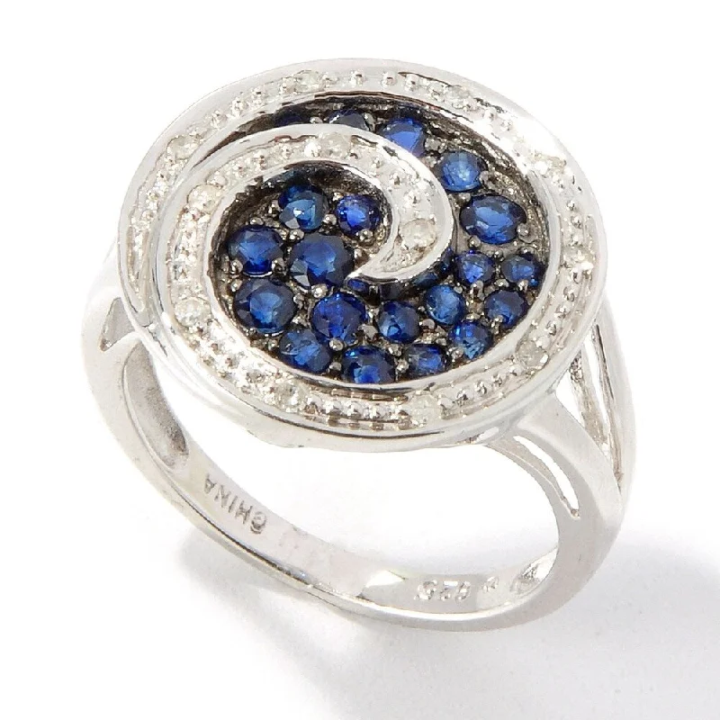 bohemian peak summit ring-Platinum o/ Silver 0.71ctw Blue Sapphire & Diamond Cluster Ring