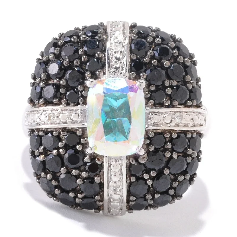 minimalist slope summit ring-Platinum O/ Silver 4.57Ctw Opal Topaz & Black Spinel Ring