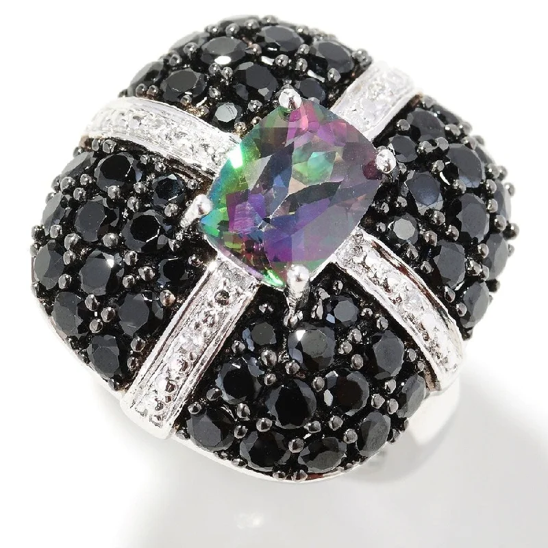 bold emerald summit peak ring-Platinum O/ Silver 4.63Ctw Mystic Topaz & Black Spinel Ring