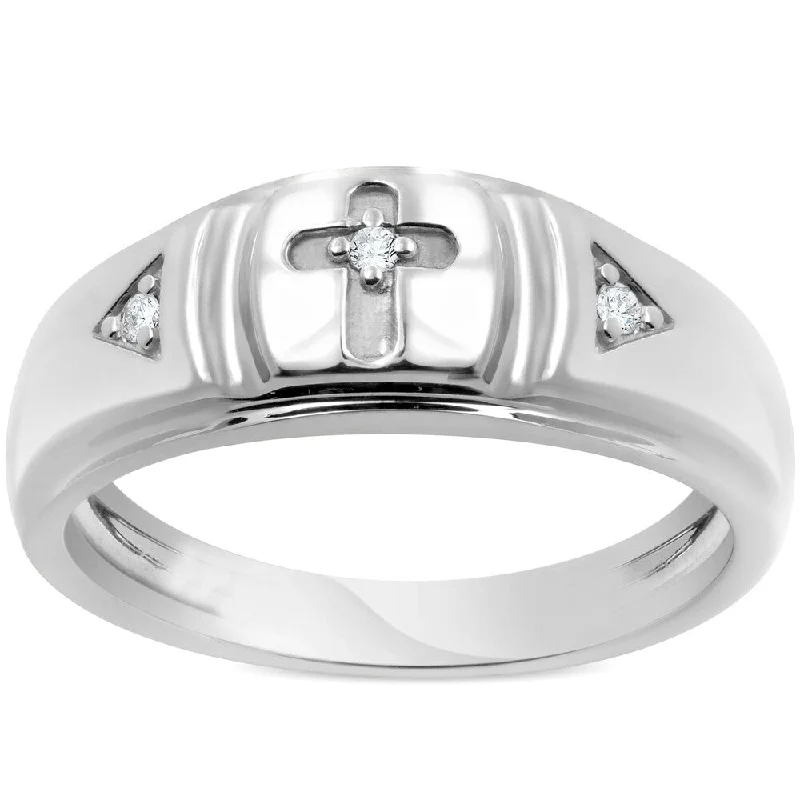 nature-themed crest peak ring-Pompeii3 10k White Gold Diamond Cross Ring Mens Wedding Band