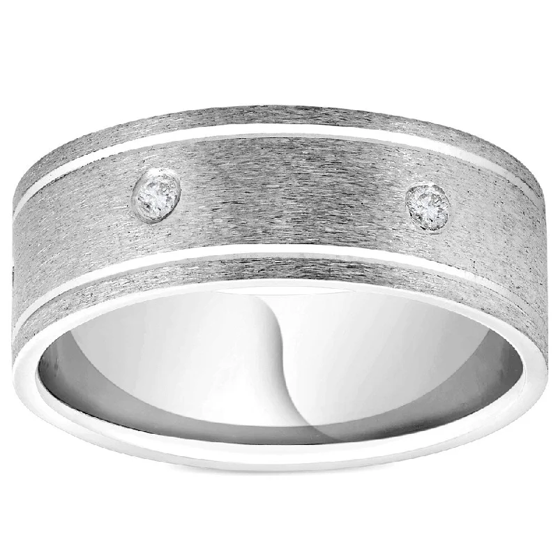 minimalist ridge summit ring-Pompeii3 950 Platinum 8MM Flat Brushed Diamond Mens Comfort Fit Wedding Band Ring - White