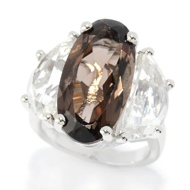 minimalist summit crest ring-Rhodium Over Sterling Silver 13ctw Smoky Quartz & White Quartz Cocktail Ring