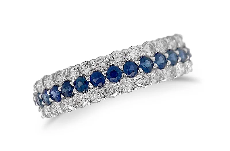 modern prong-set ruby ring-Ring 18kt Gold 3-Row Band Blue Sapphires & Diamonds