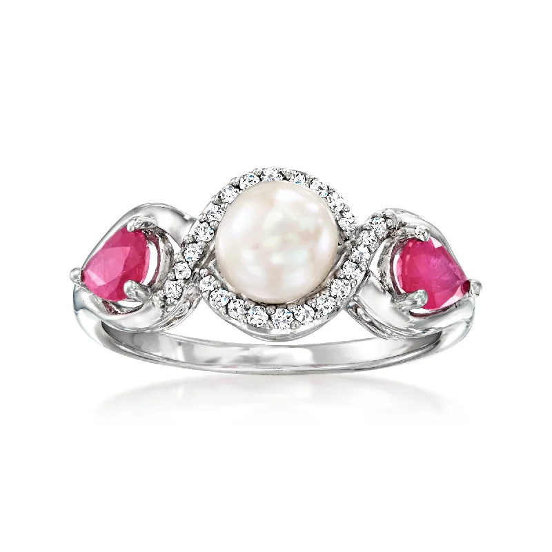 floral eternity sapphire ring-Ross-Simons 6-6.5mm Cultured Pearl and Ruby Ring With . Diamonds in Sterling Silver