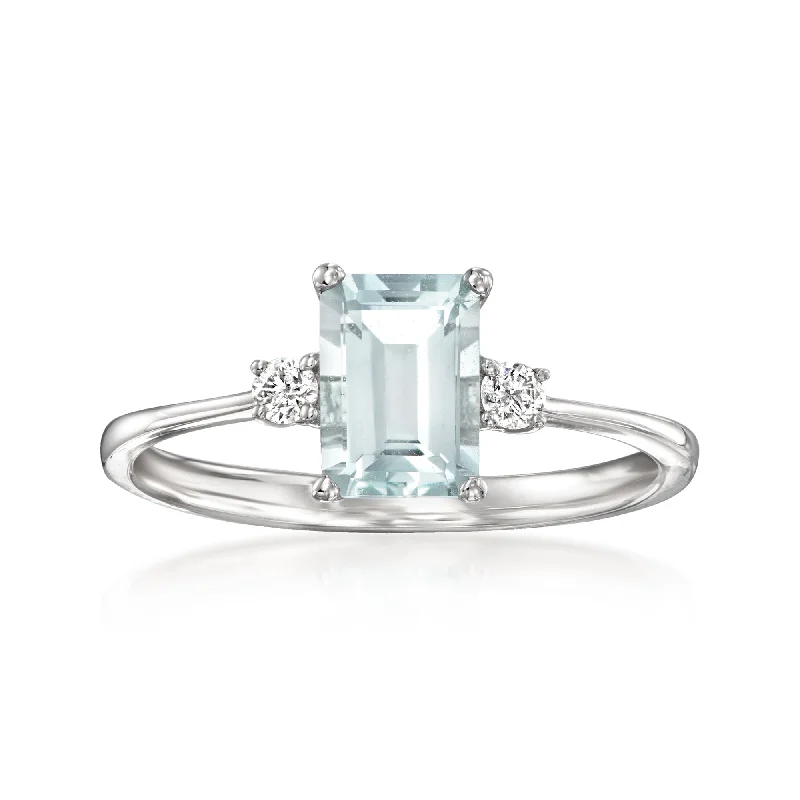 adjustable ridge summit ring-Ross-Simons Aquamarine Ring With Diamond Accents in 18kt White Gold