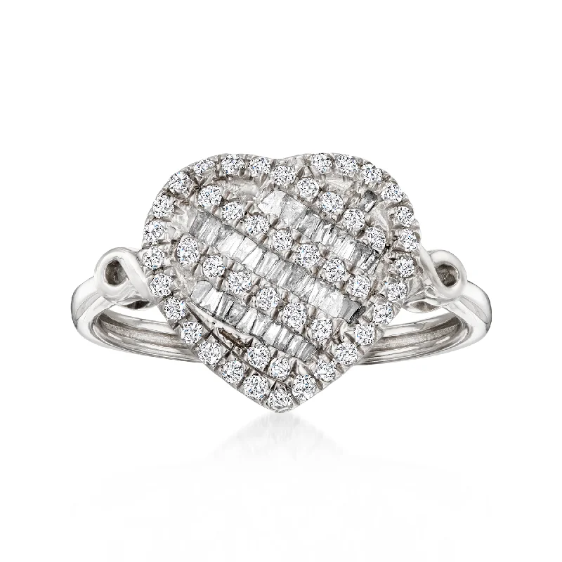 artisan-crafted tantalum ring-Ross-Simons Baguette and Round Diamond Heart Ring in Sterling Silver