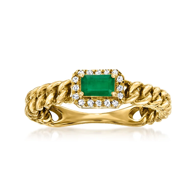 floral-inspired jade ring-Ross-Simons Emerald Curb-Link Ring With Diamond Accents in 14kt Yellow Gold