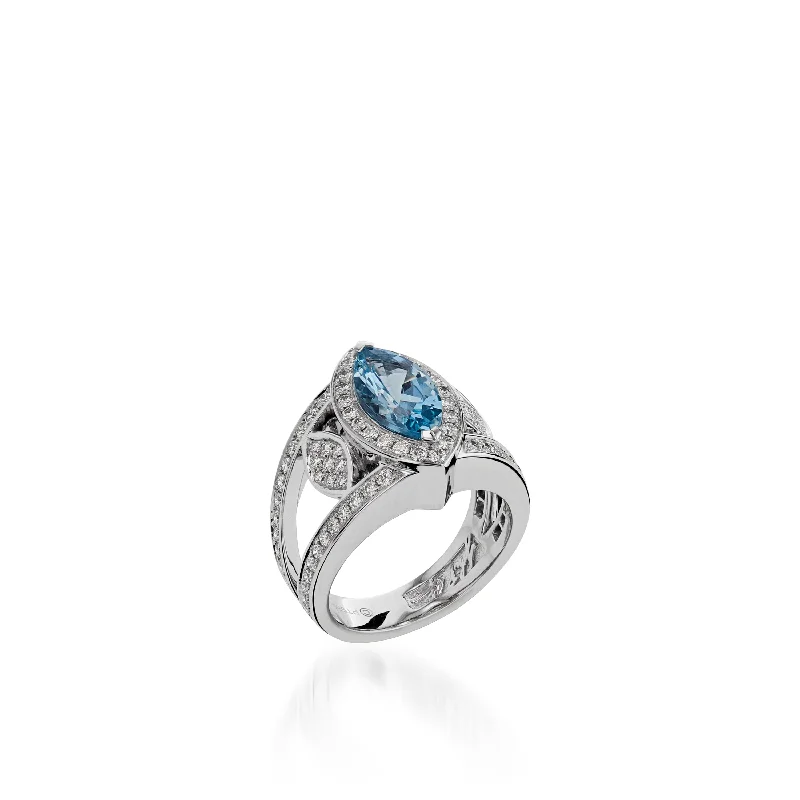 modern tiered sapphire ring-Signature Aquamarine and Diamond Ring