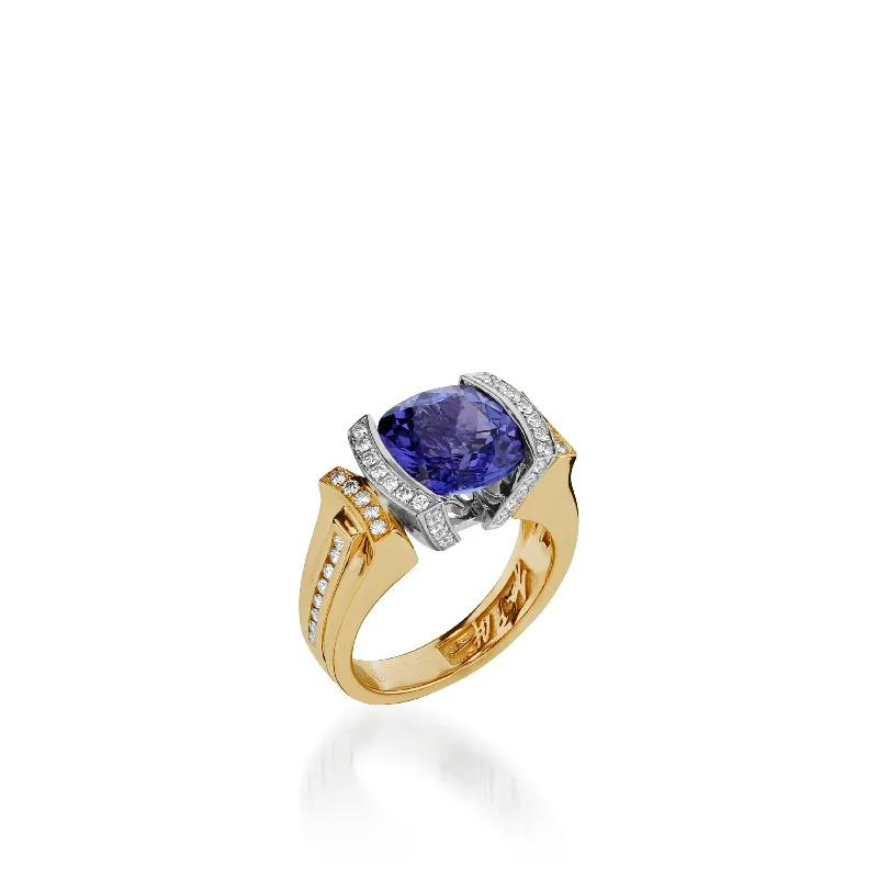 tarnished rose eternity ring-Signature Cushion Cut Tanzanite and Pave Diamond Ring