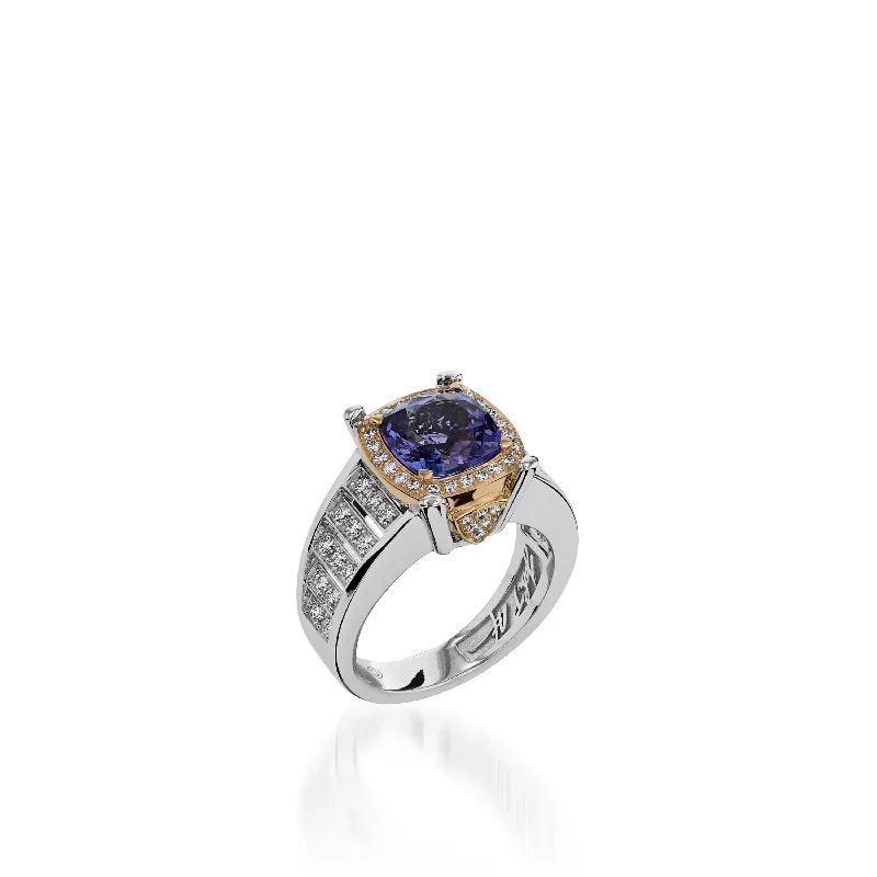 raw lapis lazuli accent ring-Signature Cushion Cut Tanzanite and Diamond Ring