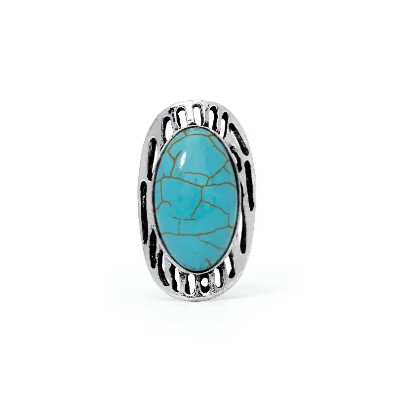 bohemian totem ring-Silver Plated Simulated Turquoise Oval Stripped Ring