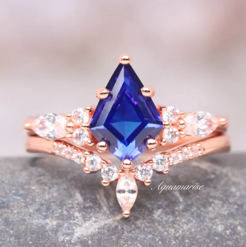 bold emerald summit peak ring-Skye Kite™  Cornflower Sapphire Kite Engagement Ring Set- 14K Solid Rose Gold