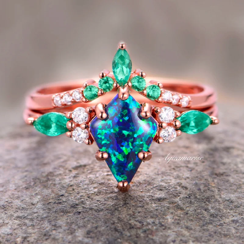 elegant tantalum eternity ring-Skye Kite™  Peacock Fire Opal & Emerald Engagement Ring Set- 14K Solid Rose Gold