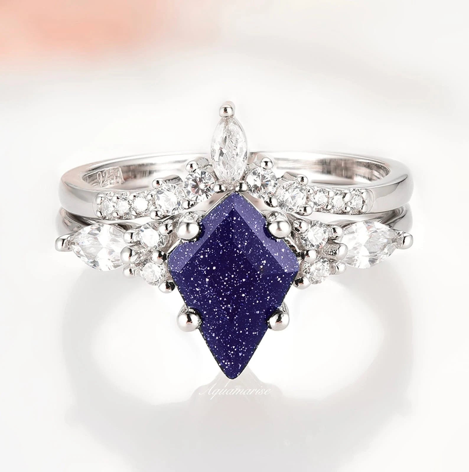 art deco sapphire ring-Skye Kite™  Starry Night Engagement Ring Set- 14K White Gold