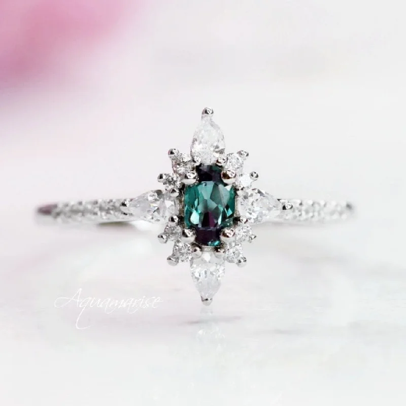 floral-inspired turquoise ring-Starburst Alexandrite Engagement Ring- 14K Solid White Gold