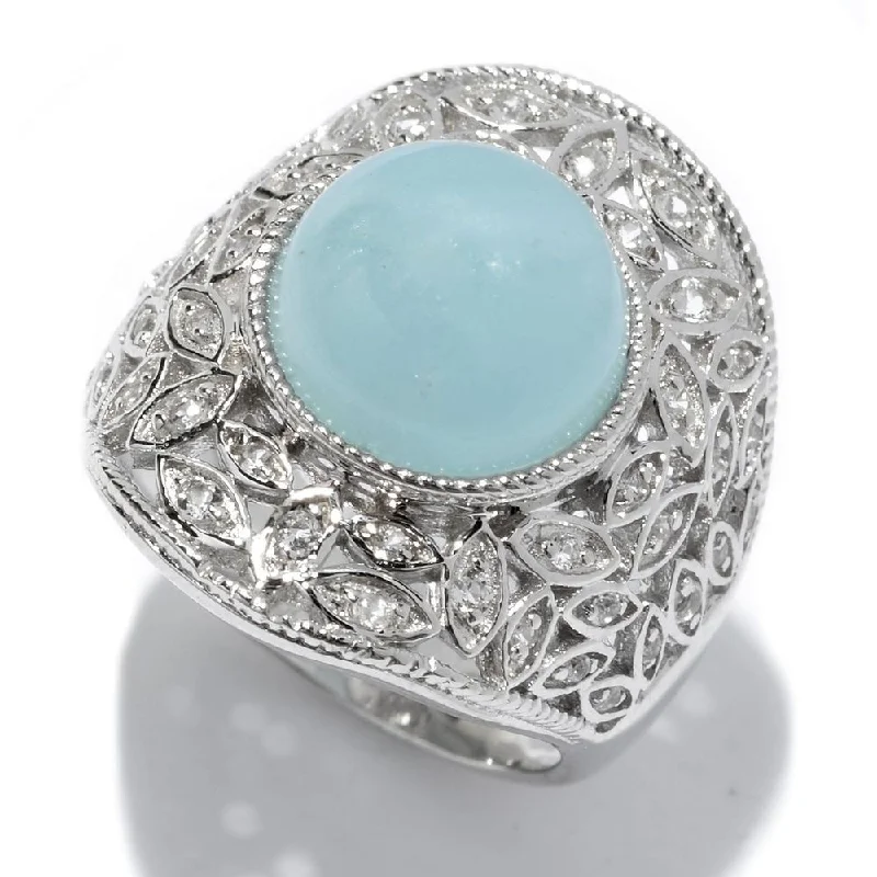 nature-themed willow ring-Sterling Silver 11mm Round Milky Aquamarine and White Topaz Ring