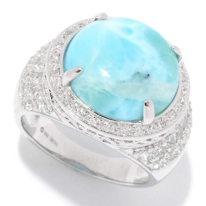 matte gold spiral ring-Sterling Silver 13.5mm Larimar & White Topaz Halo Ring