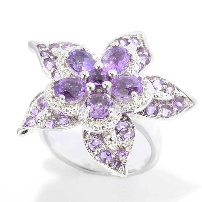 nature-themed ridge peak ring-Sterling Silver 2.5Ctw Oval & Round African Amethyst Flower Ring