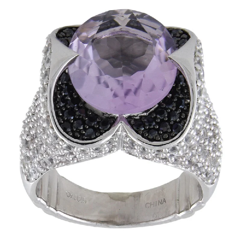 adjustable peak summit ring-Sterling Silver 9.31ct Oval Pink Amethyst White Zircon and Black Spinel Ring