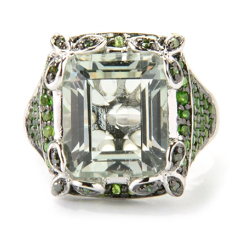 bold opal summit peak ring-Sterling Silver Emerald Cut 7.11ctw Green Amethyst/ Chrome Diopside/ Diamond Ring