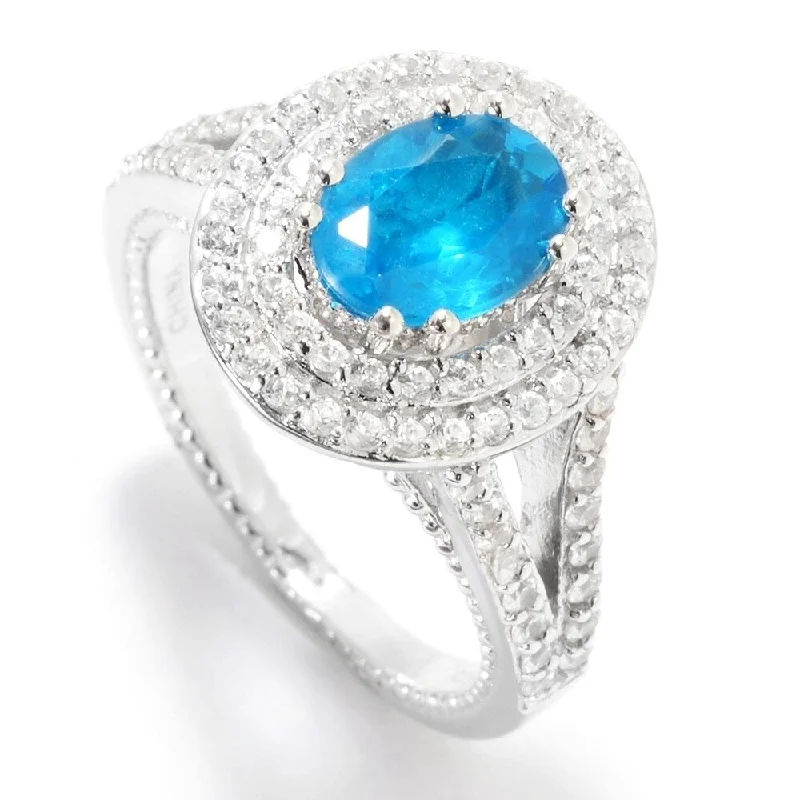 floral prong diamond ring-Sterling Silver Neon Apatite & White Zircon Double Halo Ring