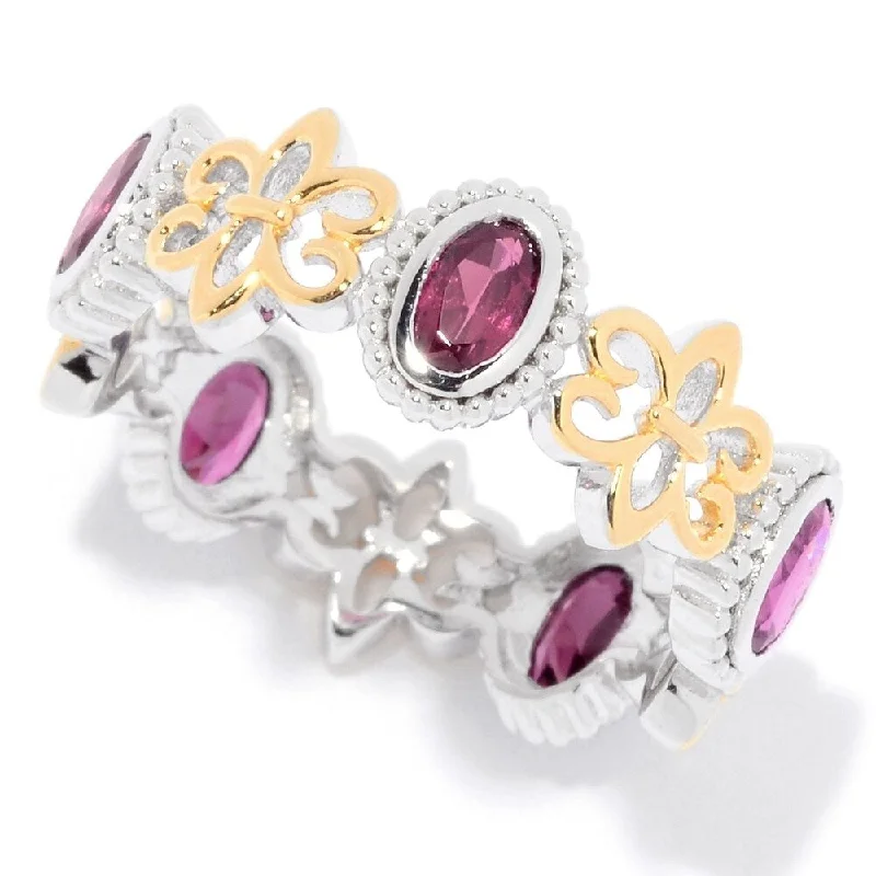 bold sapphire summit peak ring-Sterling Silver Oval Rhodolite Fleur-de-lis Eternity Band Ring