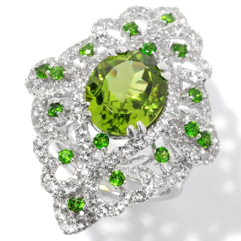 bohemian crest peak ring-Sterling Silver Peridot and White Topaz North-south Large Cocktail Ring