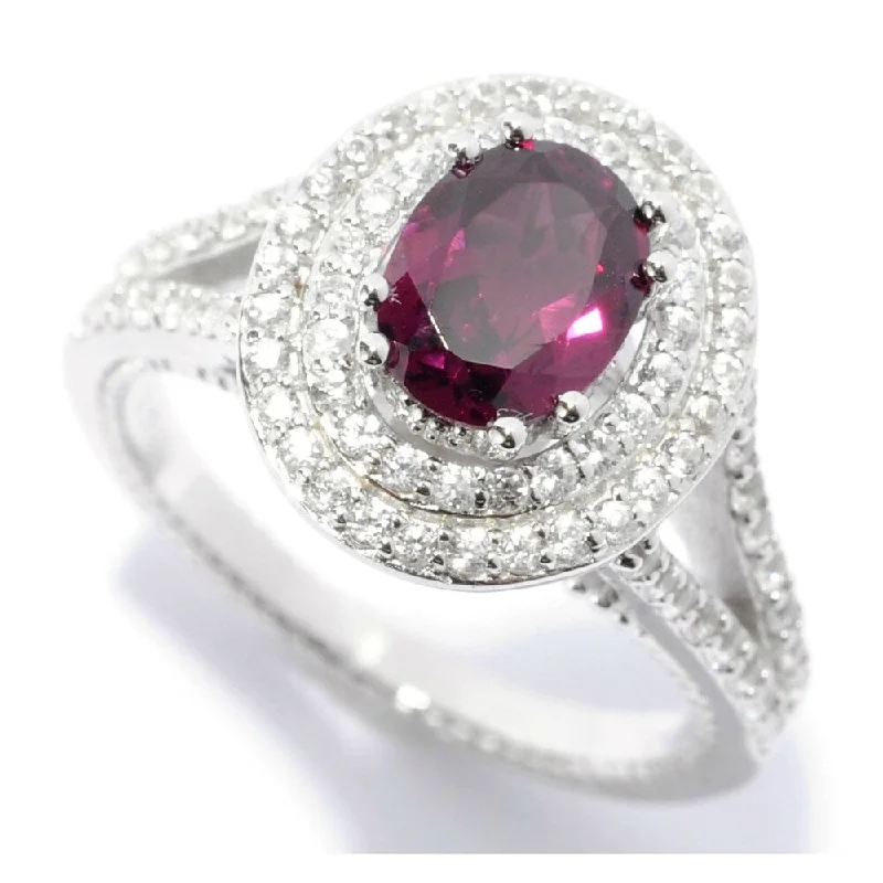 vintage-style sapphire ring-Sterling Silver Rhodolite & White Zircon Double Halo Ring